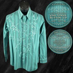 Tulliano Men's M Teal Black Pinstripe Shimmer Embroidered Vine Button Up Shirt